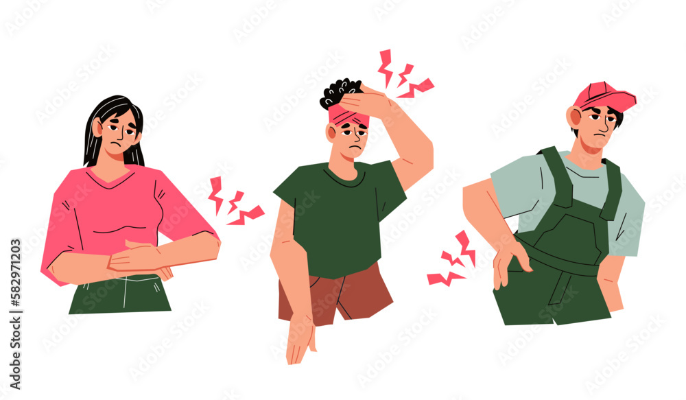 People suffering from back, head and stomach pain. Chronic illness and health problems symptoms, flat cartoon vector illustration isolated on white background.