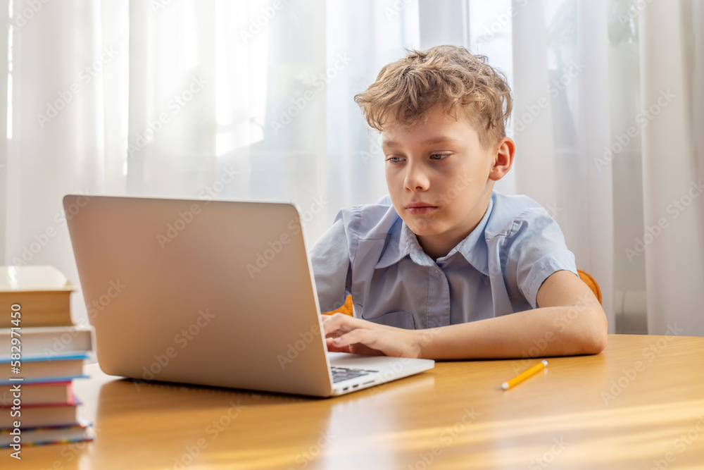 Thoughtful schoolboy studying online