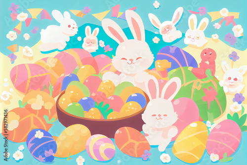 Colorful Easter Bunnies and Eggs Vector Illustration in Pastel Tones - Perfect for Spring