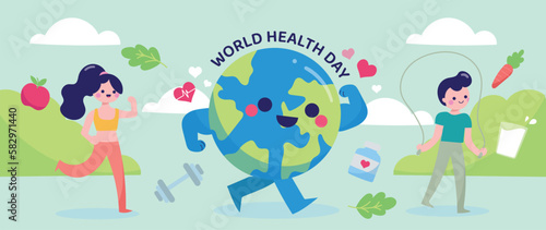 World health day concept, 7 April, background vector. Hand drawn doodle style of people working out, yoga exercise, skateboard, text chat elements. Design for web, banner, campaign, social media post.