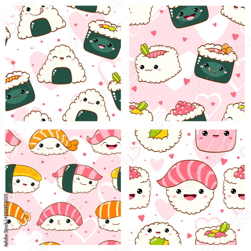Set of seamless pattern with cute sushi and roll in kawaii style with smiling face. Japanese traditional cuisine dishes. Endless texture can be used for pattern fills, web page background. Vector EPS8