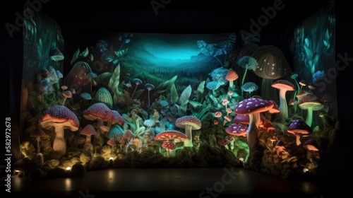 An enchanted forest with glowing mushrooms and mystical creatures