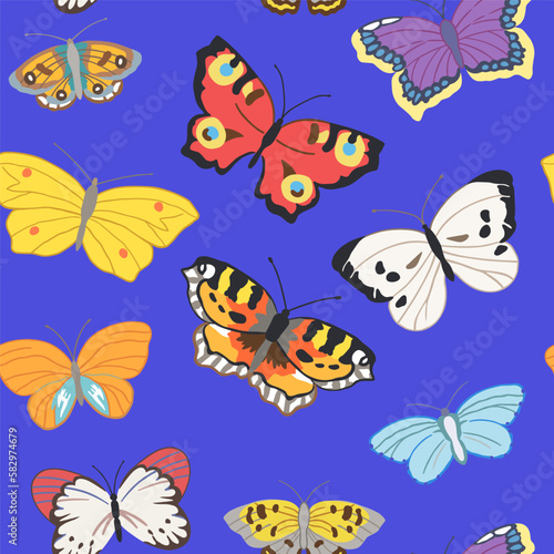 Seamless pattern of flying butterflies in red, yellow, white, orange and other colors. Vector illustration in vintage style on a blue background.