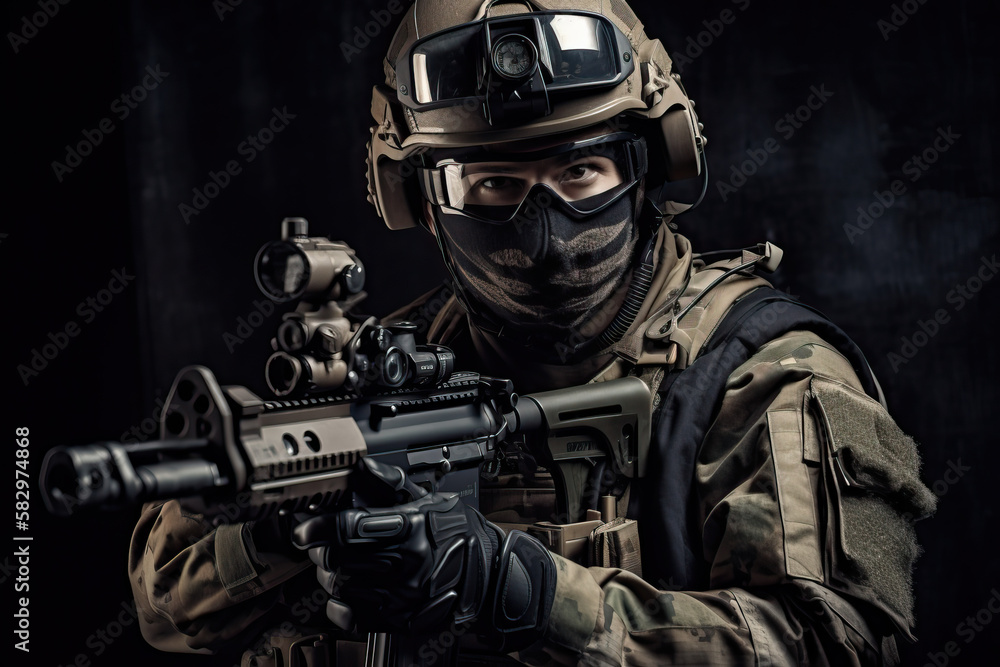 Special forces soldier with rifle, terrorists fighter