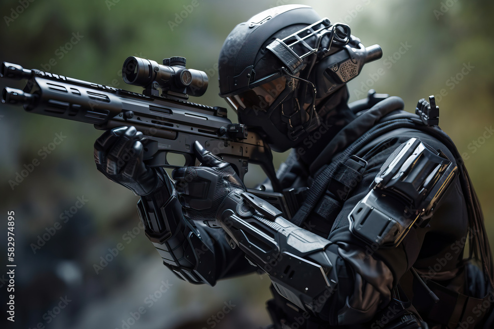 A soldier in a futuristic high tech armor and holding a rifle A soldier in a futuristic high tech armor and holding a rifle