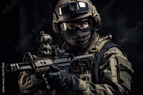 Special forces soldier with rifle, terrorists fighter
