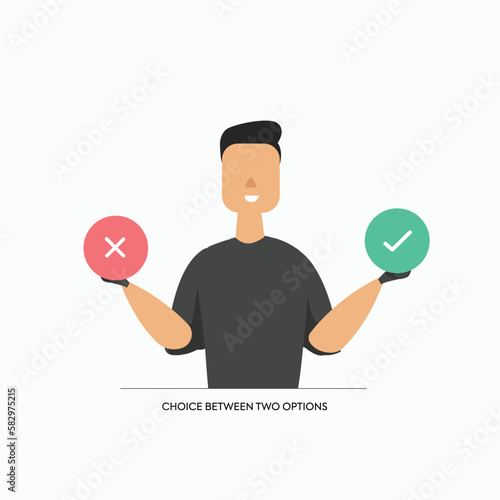 Man choose between two buttons. Accept or cancel concept. yes or no. 
Choose between options. Concept illustration of Man choosing between two options. Business decisions. Man with options.