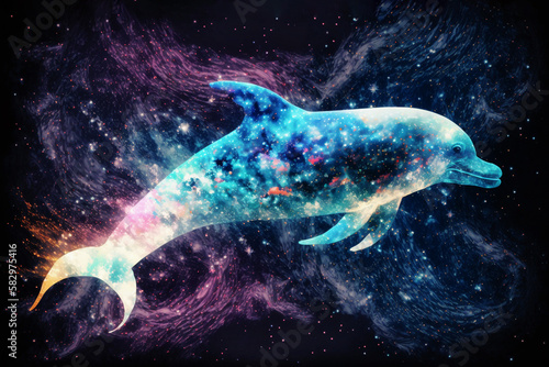 Neon, magic, acid, futuristic, space dolphin illustration