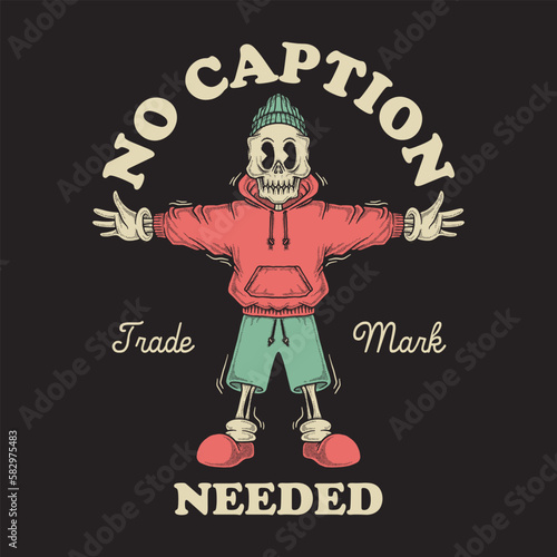 cartoon emblem of skull wearing hoodie and beanie hat with retro style