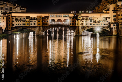 Ponte Vecchio in Florence, Tuscany, Italy, on a rainy night.