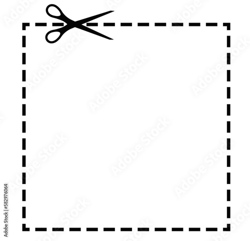 Scissors cut dotted line coupon with dash icon. Shear trim sqaure shape voucher or gift code along the guide line with dash or dot border. Vector flat illustation.