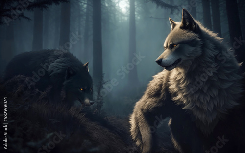 Two werewolfs out of hell high fantasy artwork created with Generative AI technology