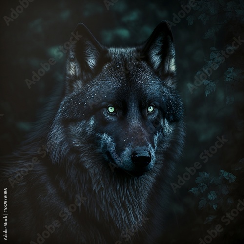 Black Wolf in a Forest at Night Generative AI
