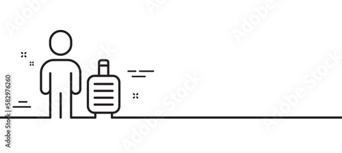 Baggage line icon. Man with travel luggage sign. Journey bag claim symbol. Minimal line illustration background. Baggage line icon pattern banner. White web template concept. Vector