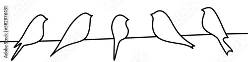 Set of bird line silhouettes in different poses on wire illustrations