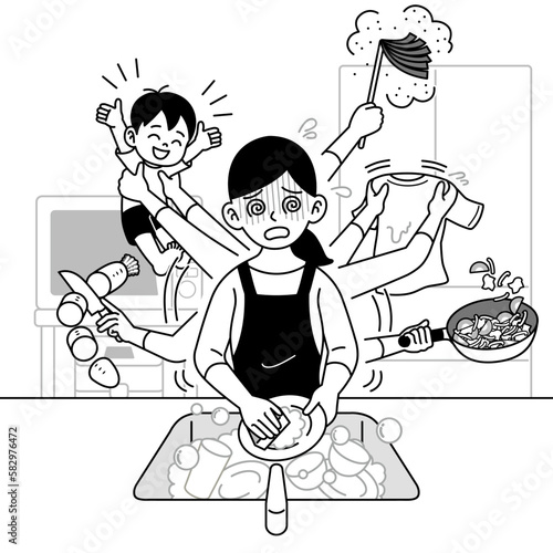 家事育児にてんてこ舞いの主婦　モノクロ
