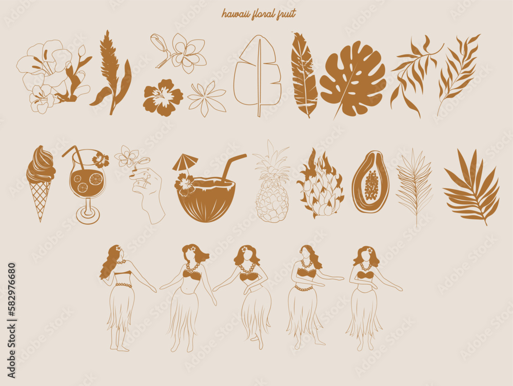 Collection of Summer Boho linear symbols, icons design. Tropical leaf, palm tree, fruits, hawaiian girls. Editable Vector Illustration. - obrazy, fototapety, plakaty 