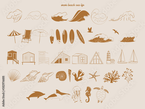 Collection of Summer Boho linear symbols, icons design. Sea waves, cabin, sea animals, surf, sailling boat. Editable Vector Illustration.