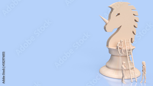 Man and wood unicorn chess for Business concept 3d rendering