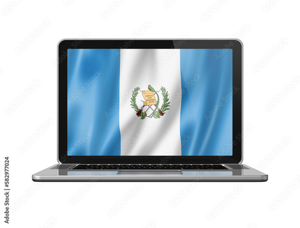 Guatemalan flag on laptop screen isolated on white. 3D illustration Guatemalan flag on laptop screen isolated on white. 3D illustration