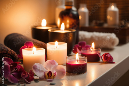 Spa decor with candles and orchids