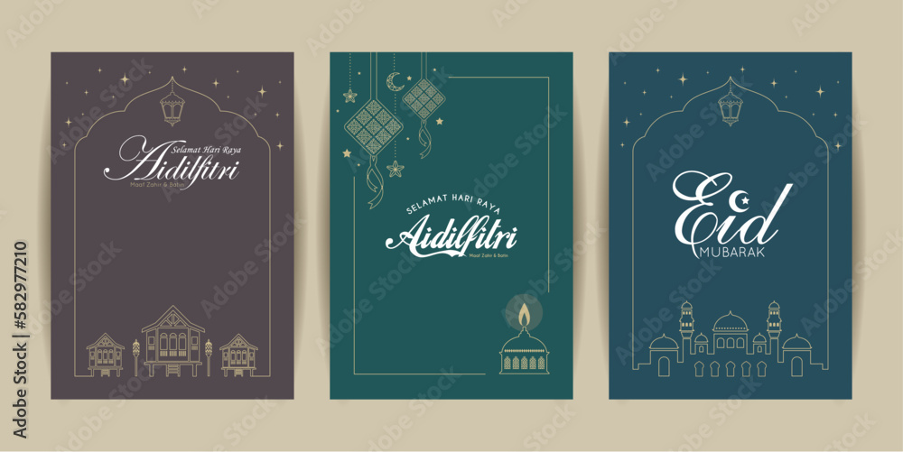 Hari Raya Aidilfitri poster template set. Ketupat, pelita oil lamp, malay kampung house and mosque line art or symbol motif design. Muslim holidays greeting card. (text: Fasting Day celebration)
