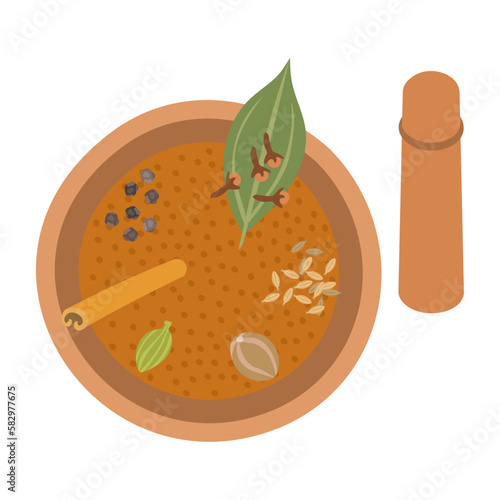 ガラムマサラの入ったすり鉢。俯瞰図。フラットなベクターイラスト。 A mortar filled with garam masala. Bird’s-eye view. Flat designed vector illustration.