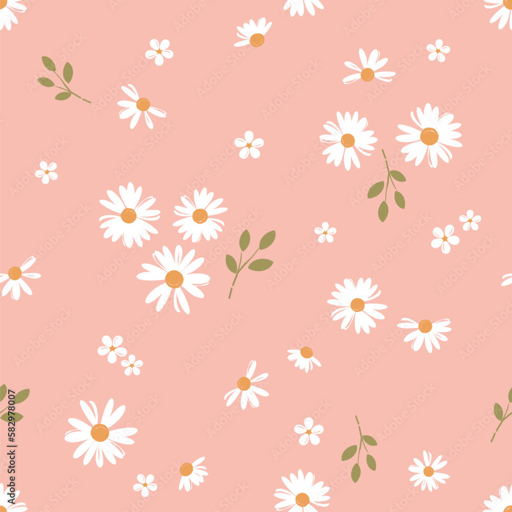 Seamless pattern with daisy flower , small white flower and green ...