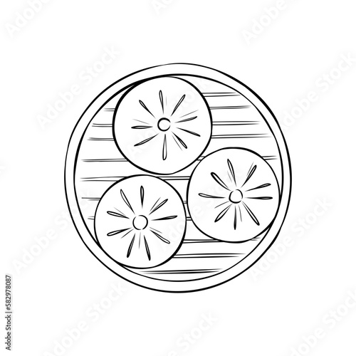 Baozi Chinese dumplings served in bamboo steamer basket. Line art vector illustration, top view. Isolated hand-drawn sketch for menu, recipe, or advertising. Asian traditional food.