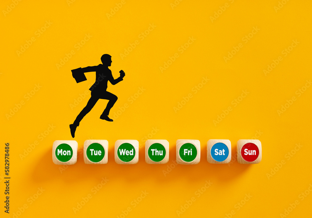 Silhouette of a businessman running on days of week on wooden cubes to reach the weekend holiday.