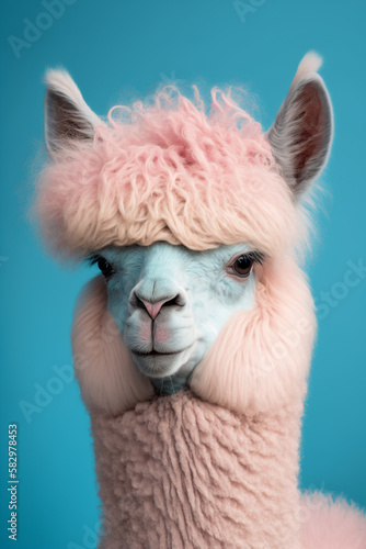 Funny pink alpaca on blue background
