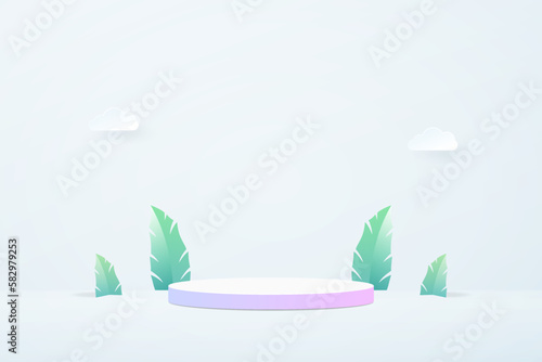3d Pastel Purple and Pink Podium Showcase with Leaf and Clouds Paper Art Design. Vector illustration. Eps10 