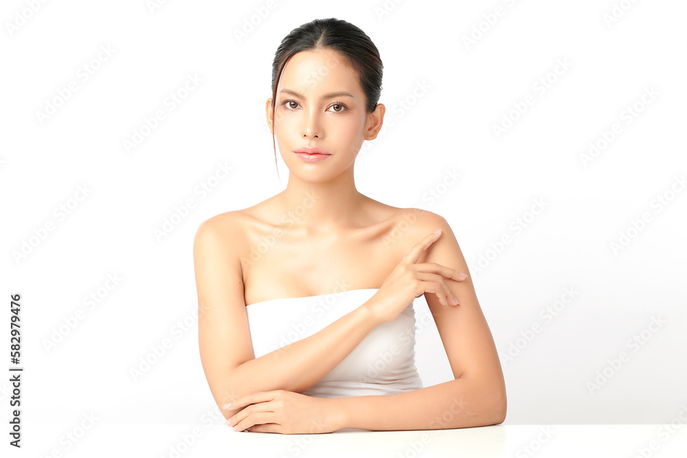 Beautiful young asian woman with clean fresh skin on white background, Face care, Facial treatment, Cosmetology, beauty and spa, Asian women portrait.