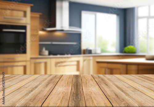 Wooden board empty table blurred background wooden kitchen. 
