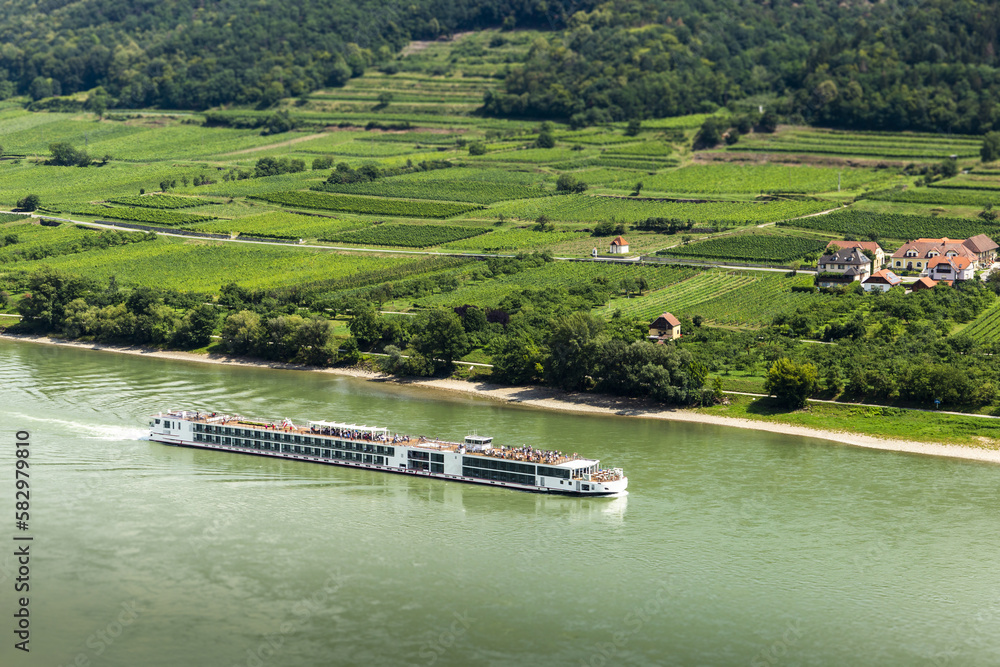 Turist's ship on the Danube river in Wachau Valley, Austria