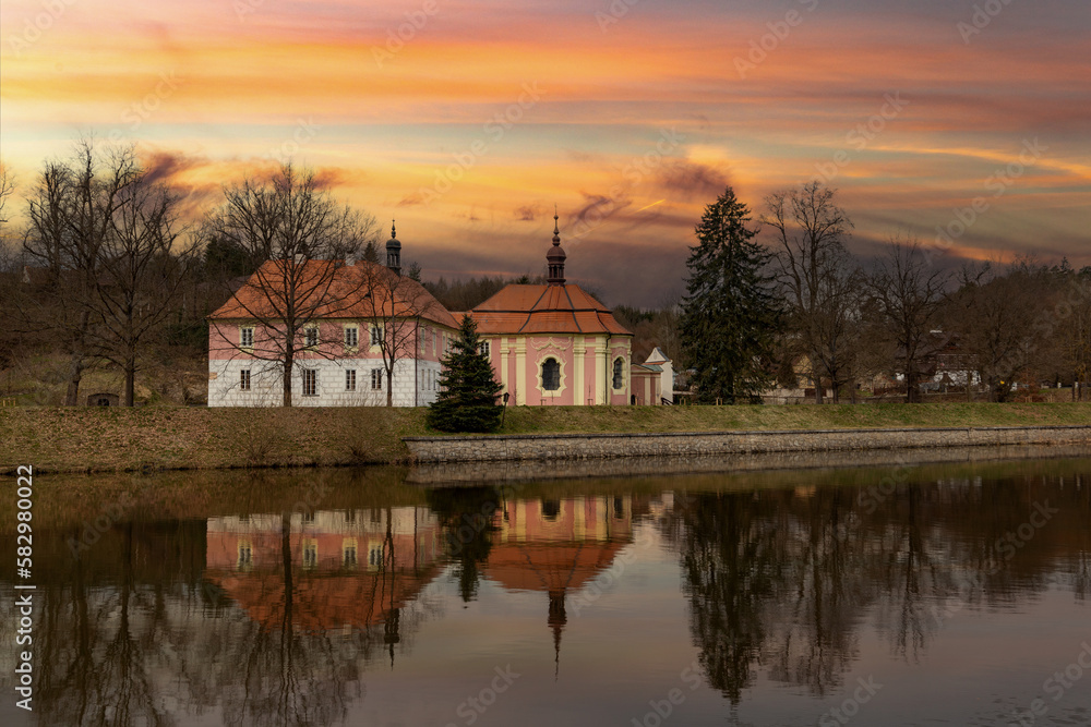 Fototapeta premium Castle Mitrowicz on a bank of Luznice river in South Czechia.