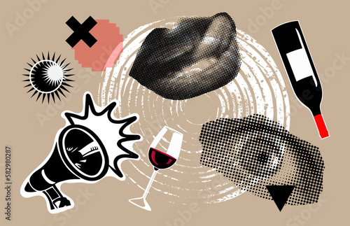 Art collage with lips, abstract elements. Concept event and party