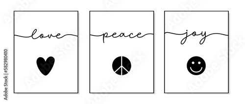 Love, Peace, Joy. Lettering typography poster. Icon symbols love, peace, joy. Bible, religious vector fun quote. Modern design workplace frame. Vector word illustration. Wall art bedroom, wall decor.