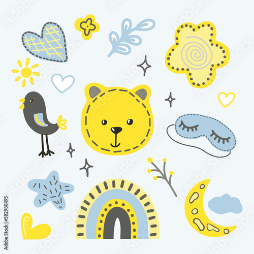 Set of cute baby and kids graphics, illustrations in modern style. Rainbow, cloud, star, bear and sleep mask, bird in sky. Posters, greeting cards, invitations, clothing.