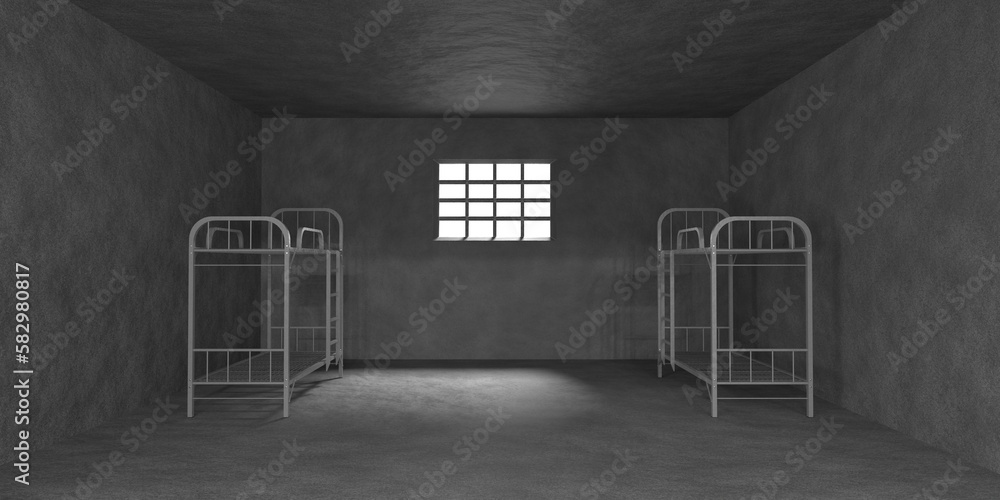 Prison cell with bunk beds and metal bars on window 3d render