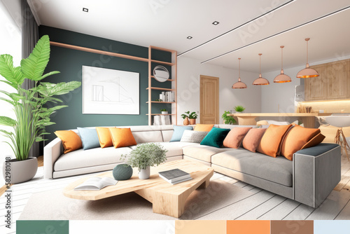 Modern interior design elements with color scheme living room moodboard idea.
