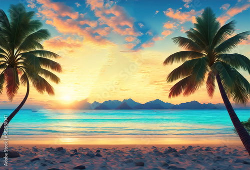beautiful photo of sunset eveningn time sun leaks on beach with palm trees generative ai photo