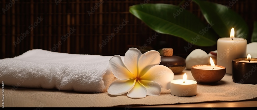 spa composition on massage with Soft White Towels, Essential Oils, flower, Candles, and Relaxation. Generative AI	