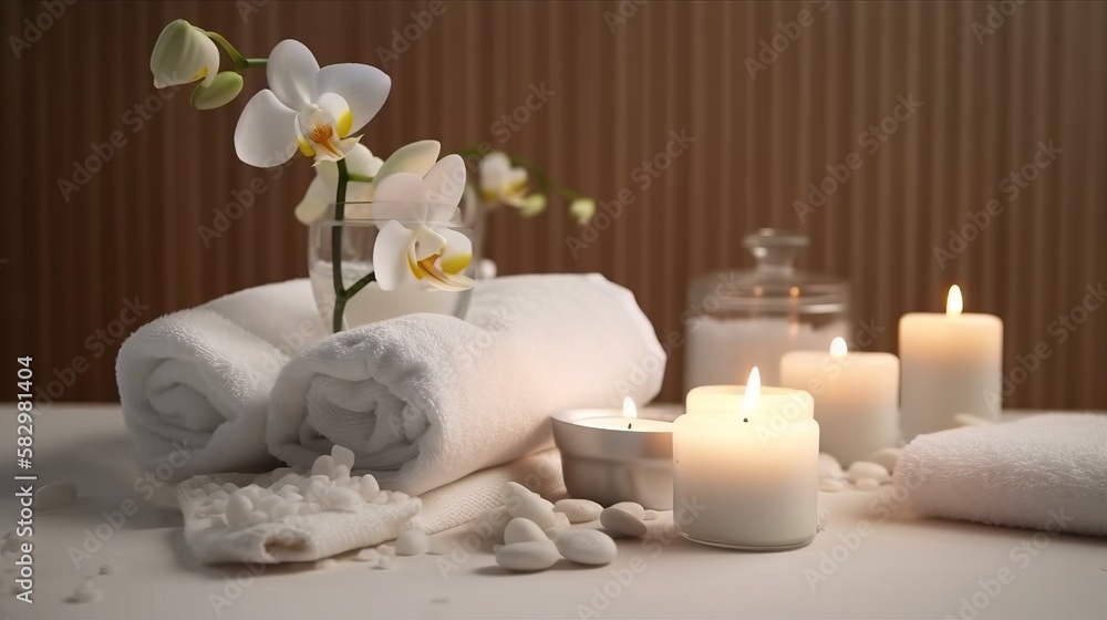 spa composition on massage with Soft White Towels, Essential Oils, flower, Candles, and Relaxation. Generative AI spa composition on massage with Soft White Towels, Essential Oils, flower, Candles, and Relaxation. Generative AI