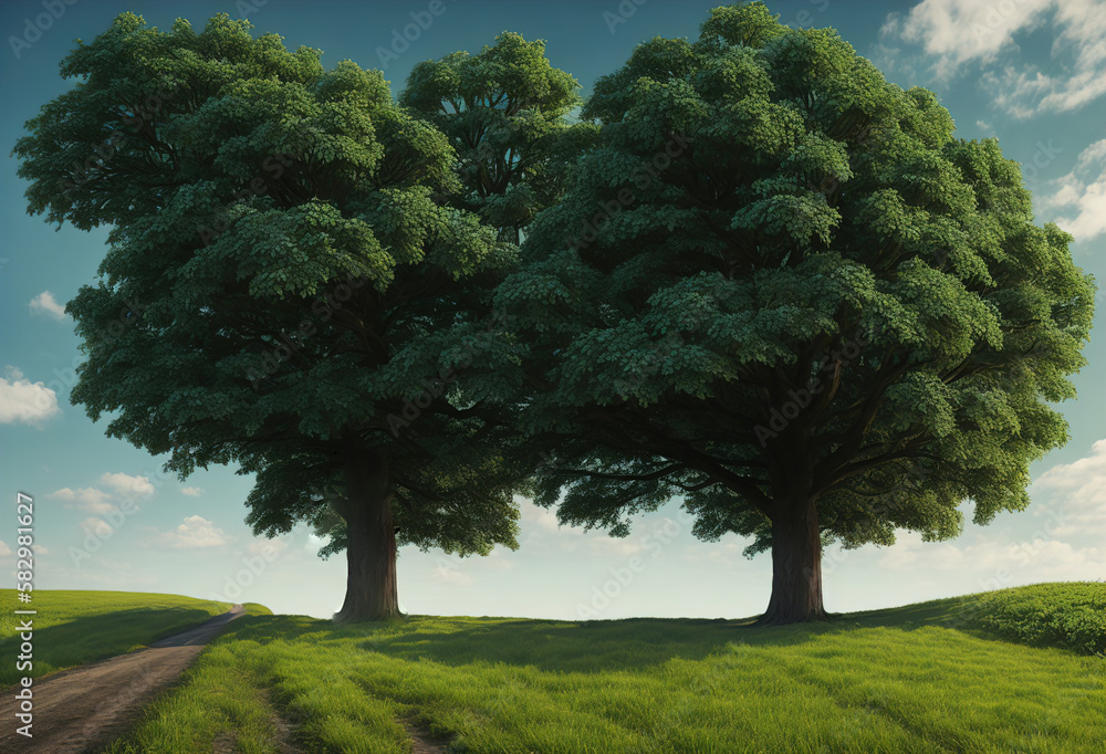 Fototapeta premium two trees in the field landscape generative ai