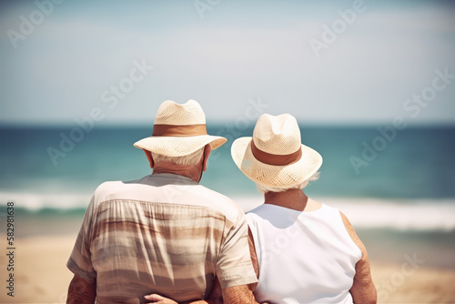 Relax senior couple on beach with blue sky, Retirment travel holiday healthy lifestyle Concept. Generative AI.