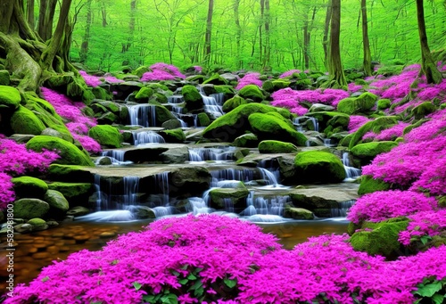 Natural waterwall river stream with pink flowers and green trees generative ai