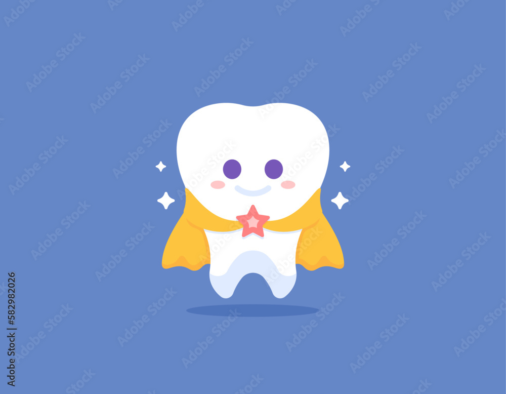 illustration of a dental character wearing a cape. strong, clean, white, and healthy teeth. funny, cute, and adorable superhero characters. illustration concept design. vector elements