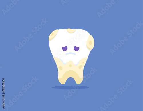 illustration of tooth character that is covered by tartar and plaque. dirty and unclean teeth. dental health problems. funny, cute, and adorable characters. illustration concept design. vector element