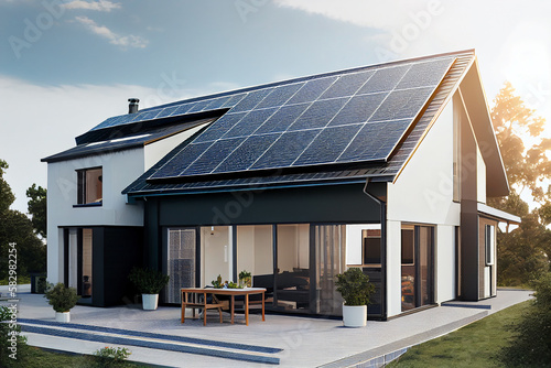 House with solar panels on the roof. Sustainable and clean energy at home. Generative AI © slonme